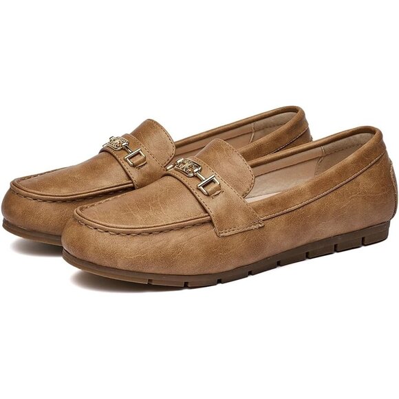 Women Khaki Polyurethane Accent Buckle Leisure Slip On Walking Flats Shoes - Picture 2 of 9